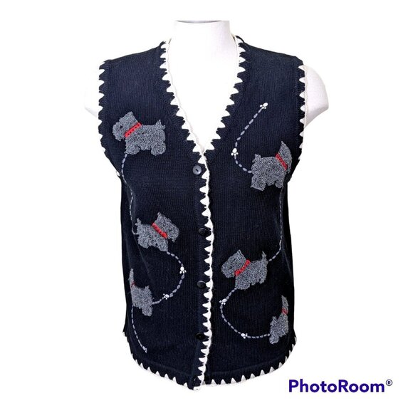 Vintage Sweater Vest Womens M Scottie Dog Novelty Embroidered Fun Button Black - Picture 1 of 6